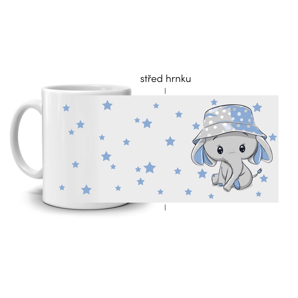 Bílý keramický hrnek 330ml s obrázkem - slůně v modrém kloboučku