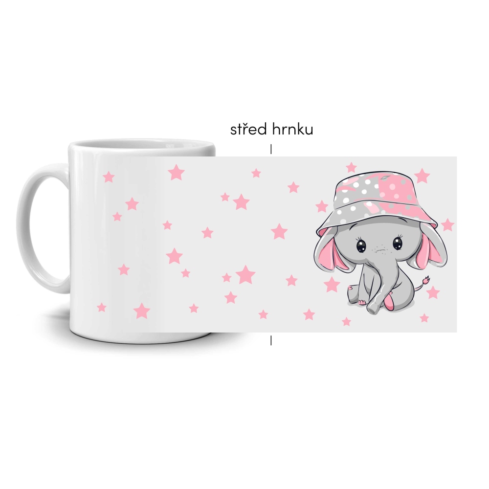 Bílý keramický hrnek 330ml s obrázkem - slůně v růžovém kloboučku