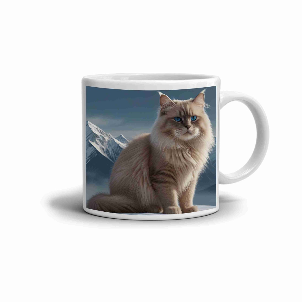 Bílý keramický hrnek 330ml s obrázkem - sněžná sibiřská kočka