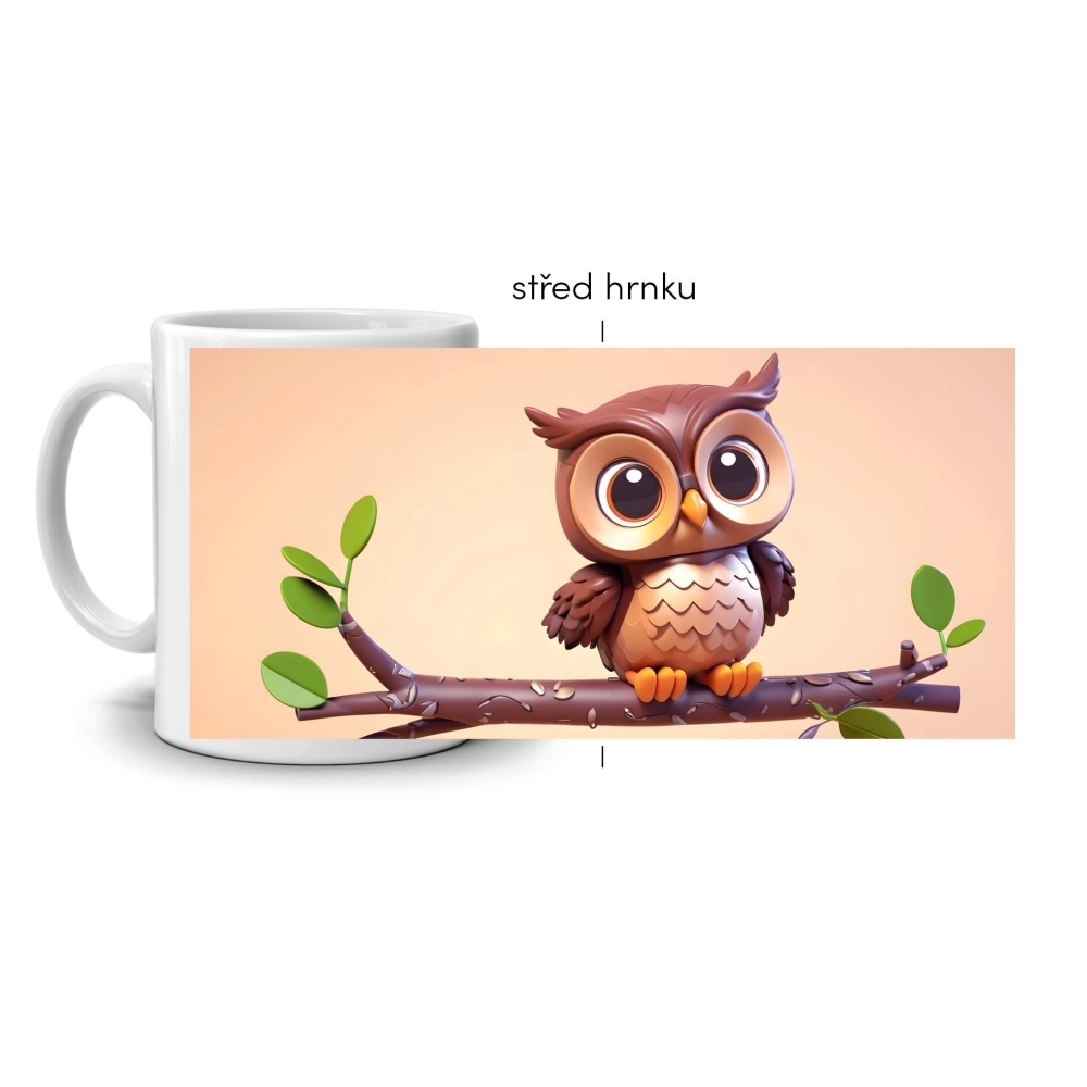 Bílý keramický hrnek 330ml s obrázkem - sovička na větvi