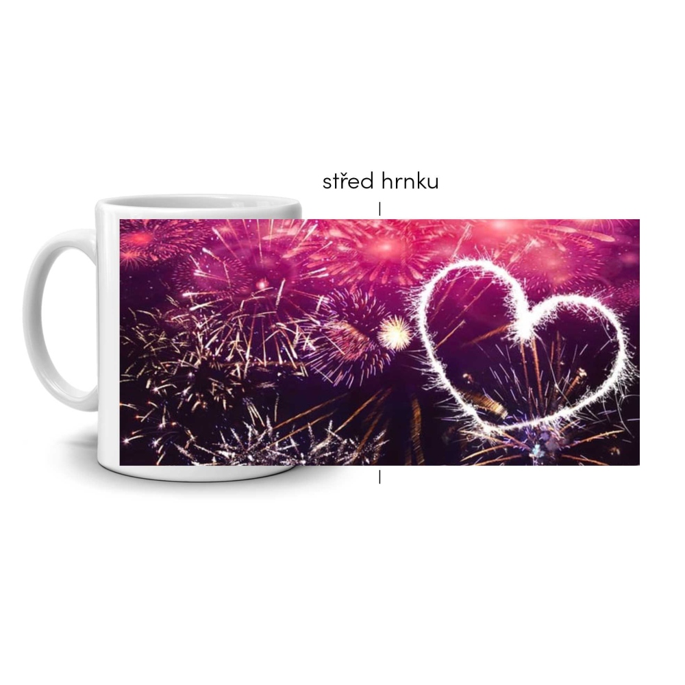 Bílý keramický hrnek 330ml s obrázkem - srdce v ohňostroji