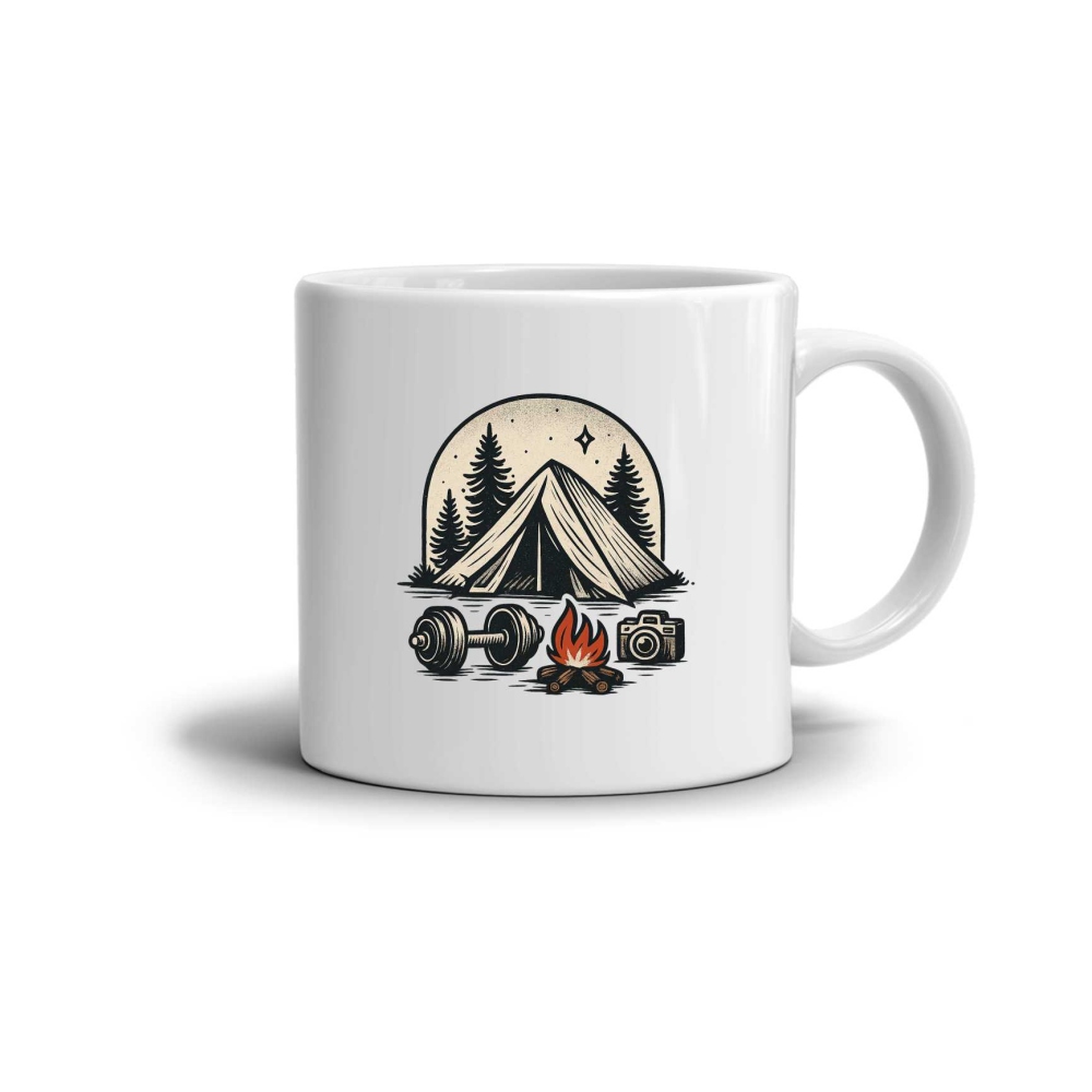 Bílý keramický hrnek 330ml s obrázkem - stanování