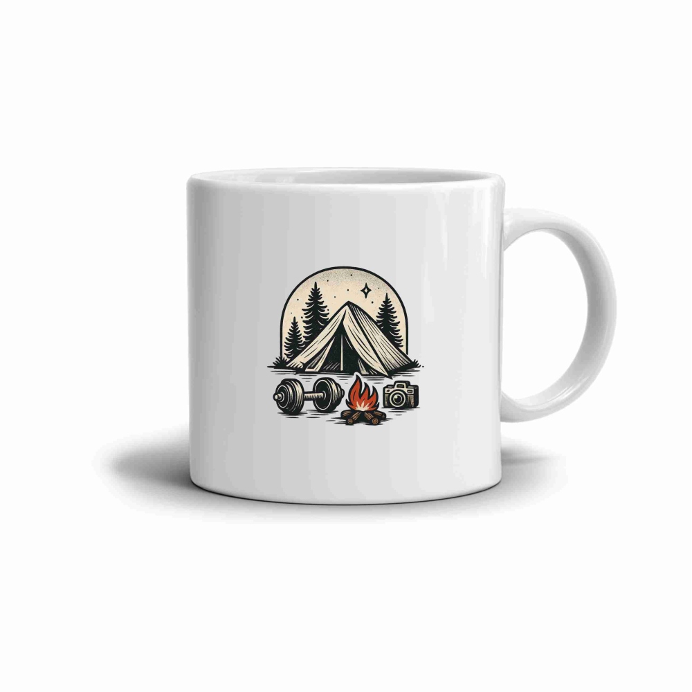 Bílý keramický hrnek 330ml s obrázkem - stanování