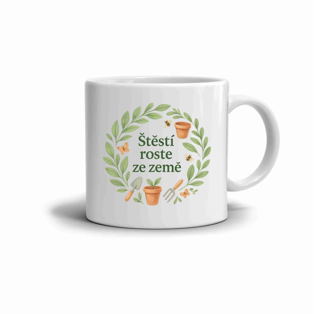 Bílý keramický hrnek 330ml s obrázkem - štestí roste ze země