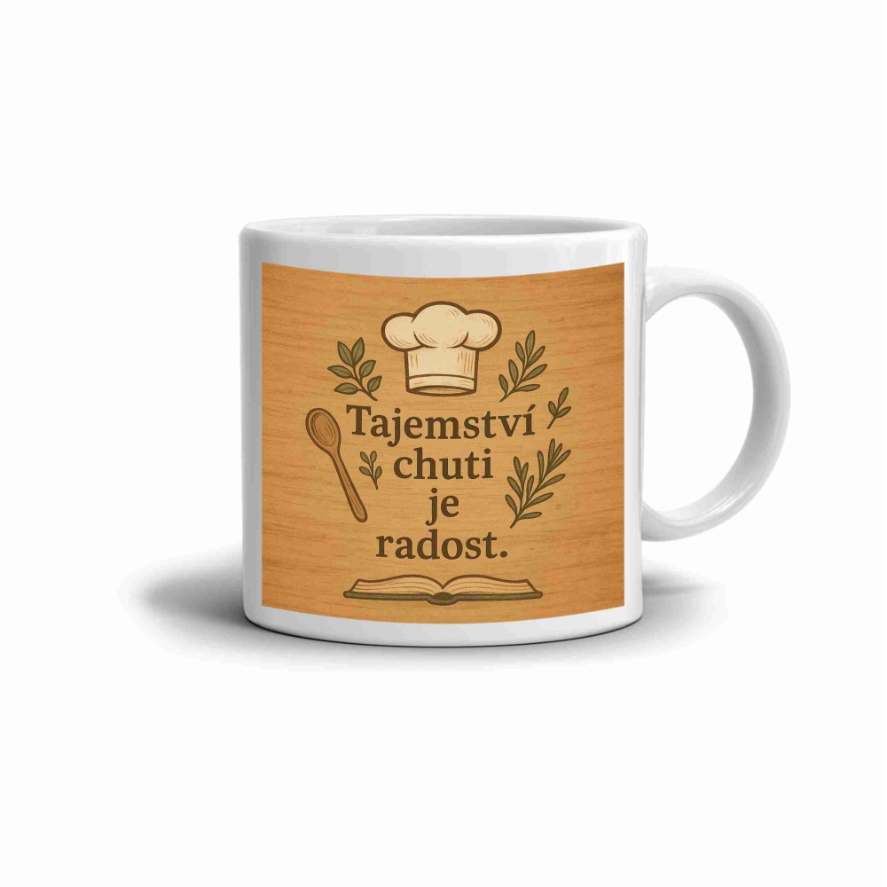 Bílý keramický hrnek 330ml s obrázkem - tajemství chuti
