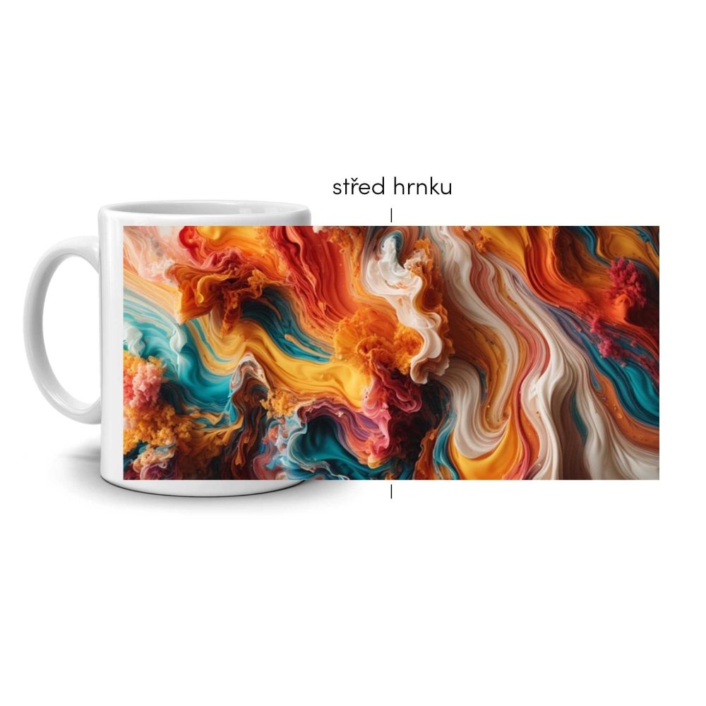 Bílý keramický hrnek 330ml s obrázkem - tanec barev