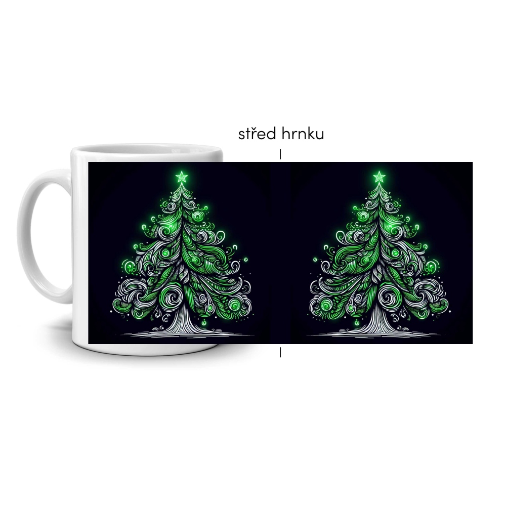 Bílý keramický hrnek 330ml s obrázkem - tmavězelený svítící stromeček