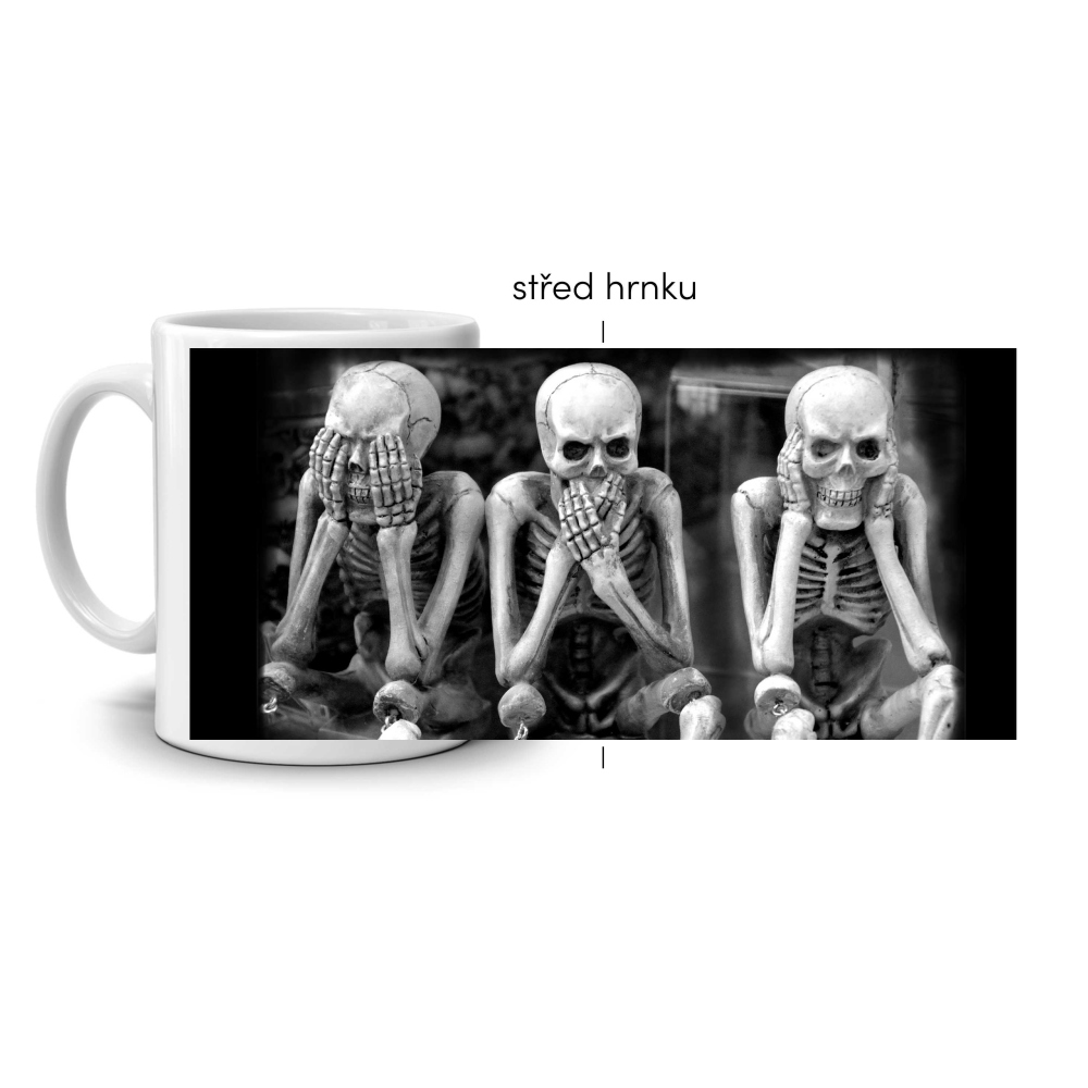 Bílý keramický hrnek 330ml s obrázkem - trojice kostlivců