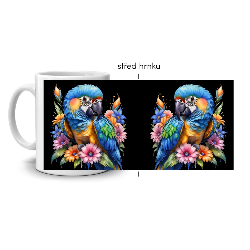 Bílý keramický hrnek 330ml s obrázkem - tropický ara ararauna (tmavý motiv)