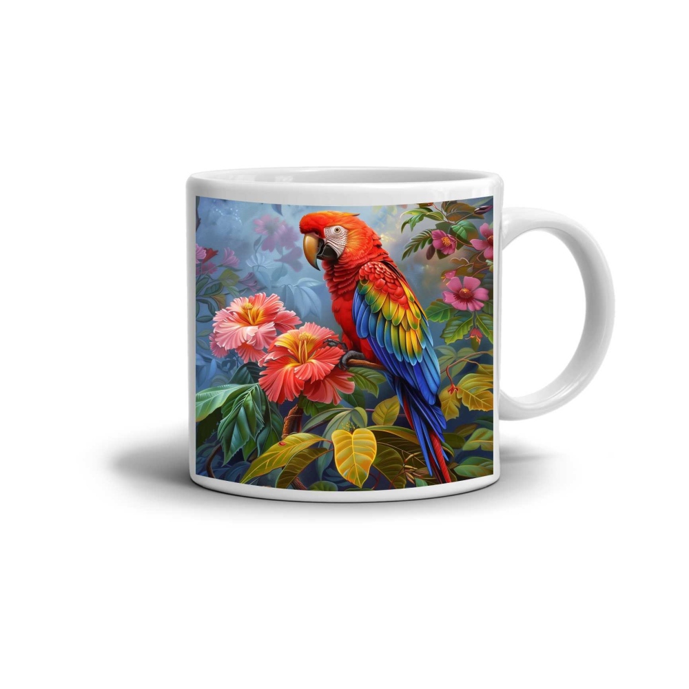 Bílý keramický hrnek 330ml s obrázkem - tropický ara