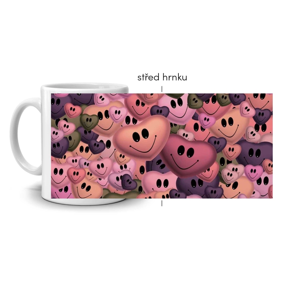 Bílý keramický hrnek 330ml s obrázkem - usměvavá srdíčka