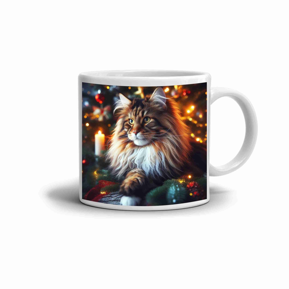 Bílý keramický hrnek 330ml s obrázkem - vánoční mainská mývalí kočka