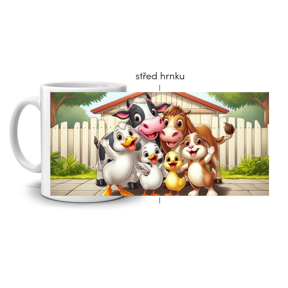 Bílý keramický hrnek 330ml s obrázkem - veselý dvorek