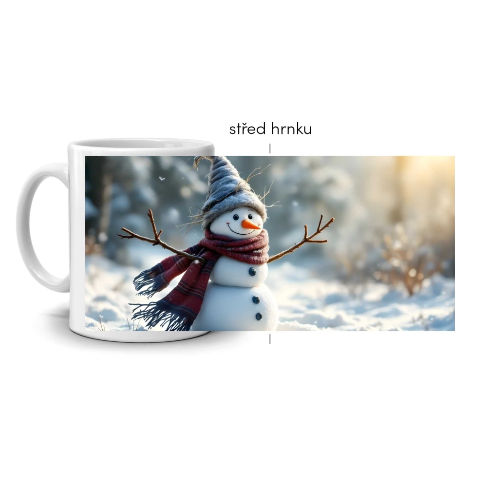 Bílý keramický hrnek 330ml s obrázkem - veselý sněhulák