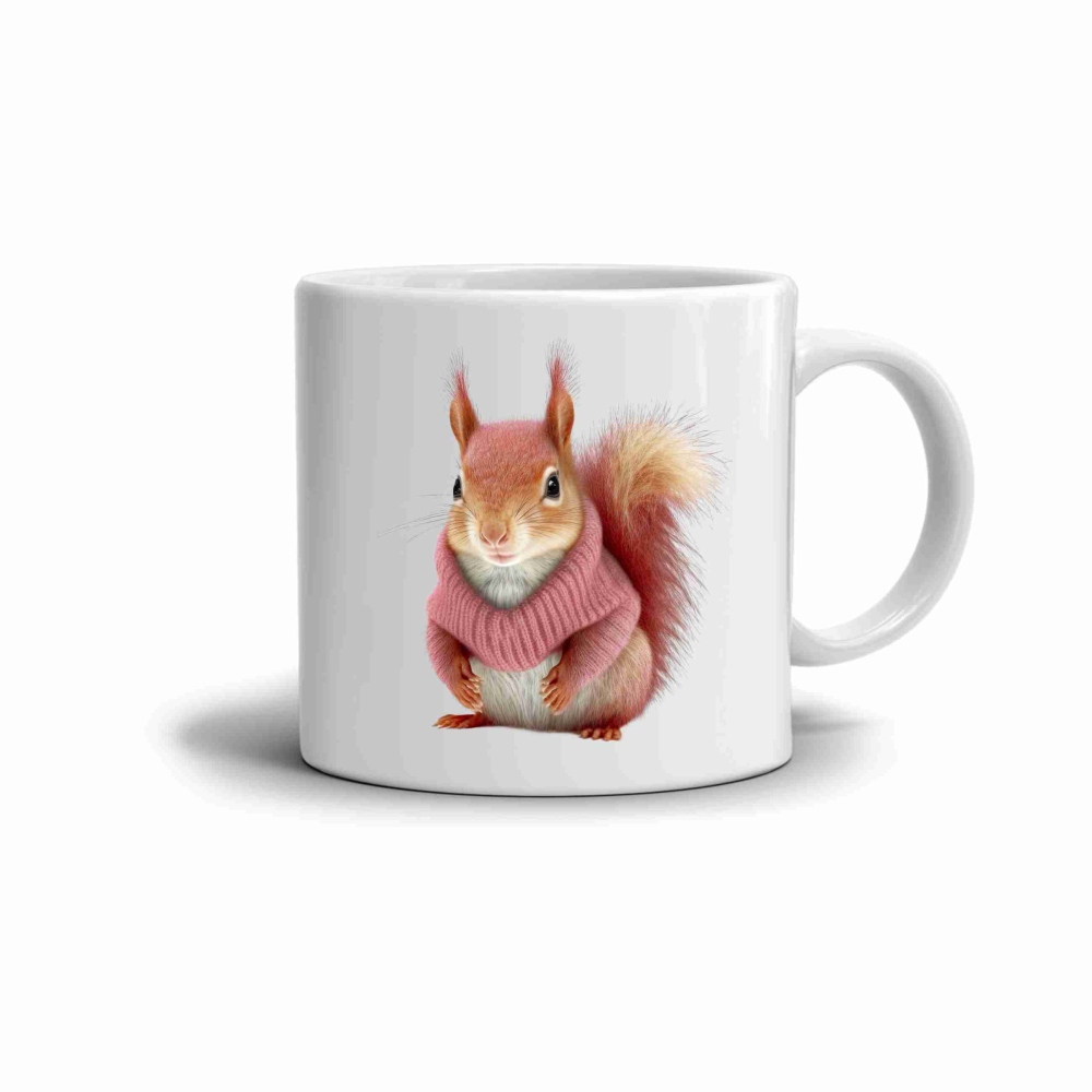 Bílý keramický hrnek 330ml s obrázkem - veverka ve svetru