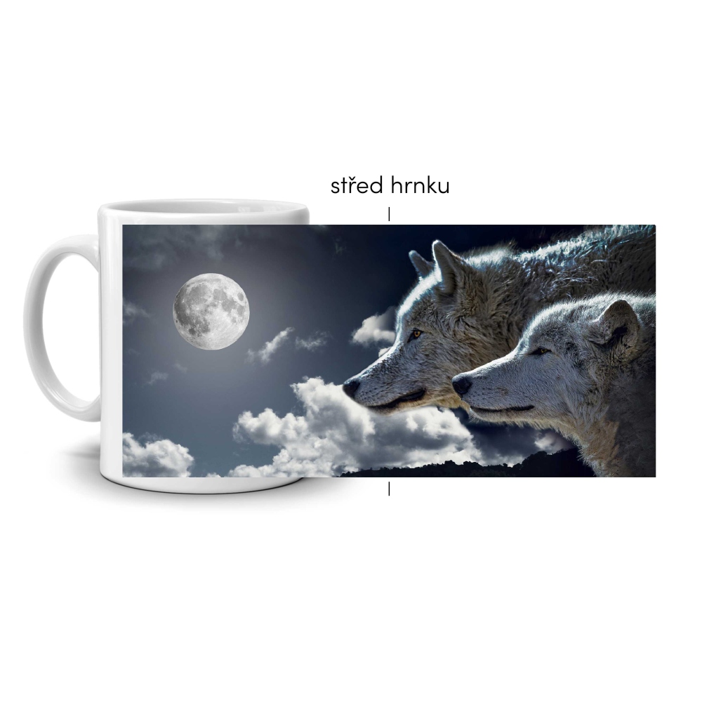 Bílý keramický hrnek 330ml s obrázkem - vlčí úplněk