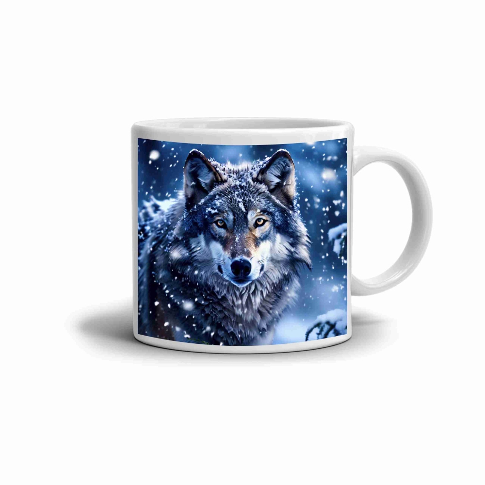 Bílý keramický hrnek 330ml s obrázkem - vlk v zimě