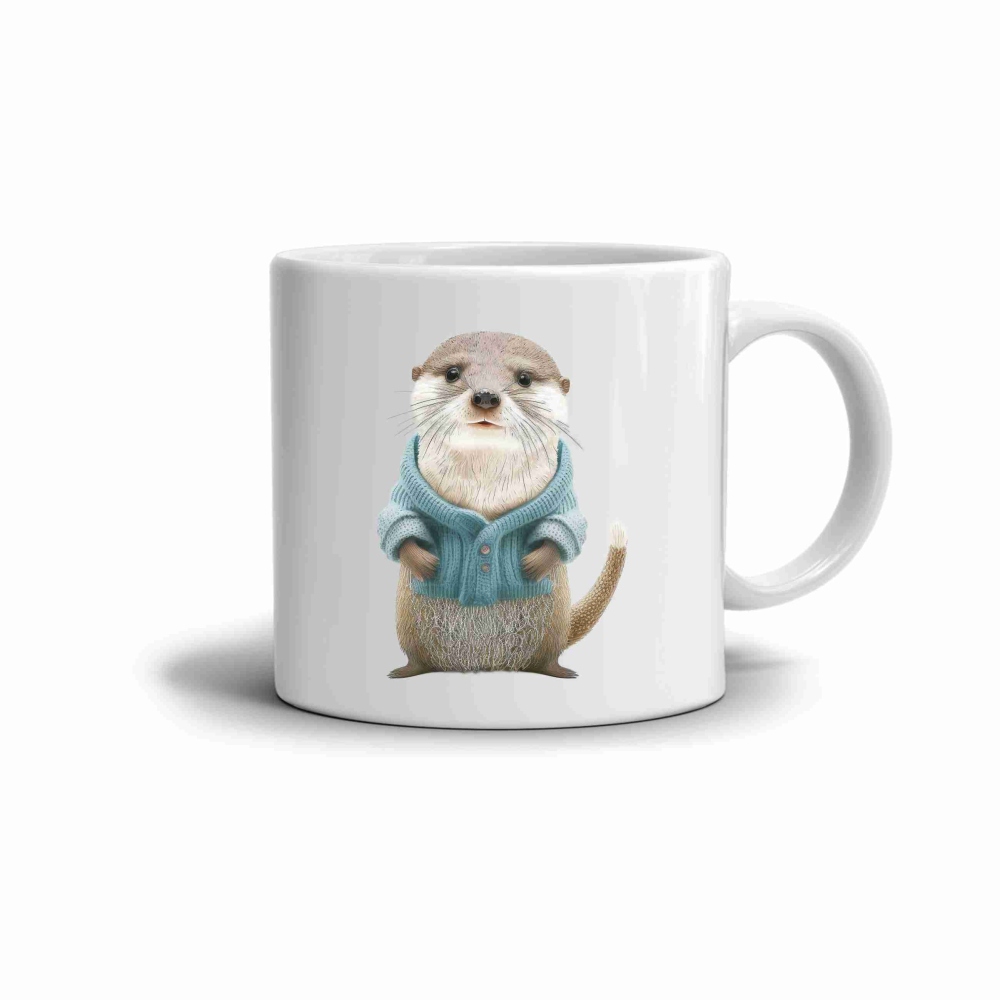 Bílý keramický hrnek 330ml s obrázkem - vydra ve svetru