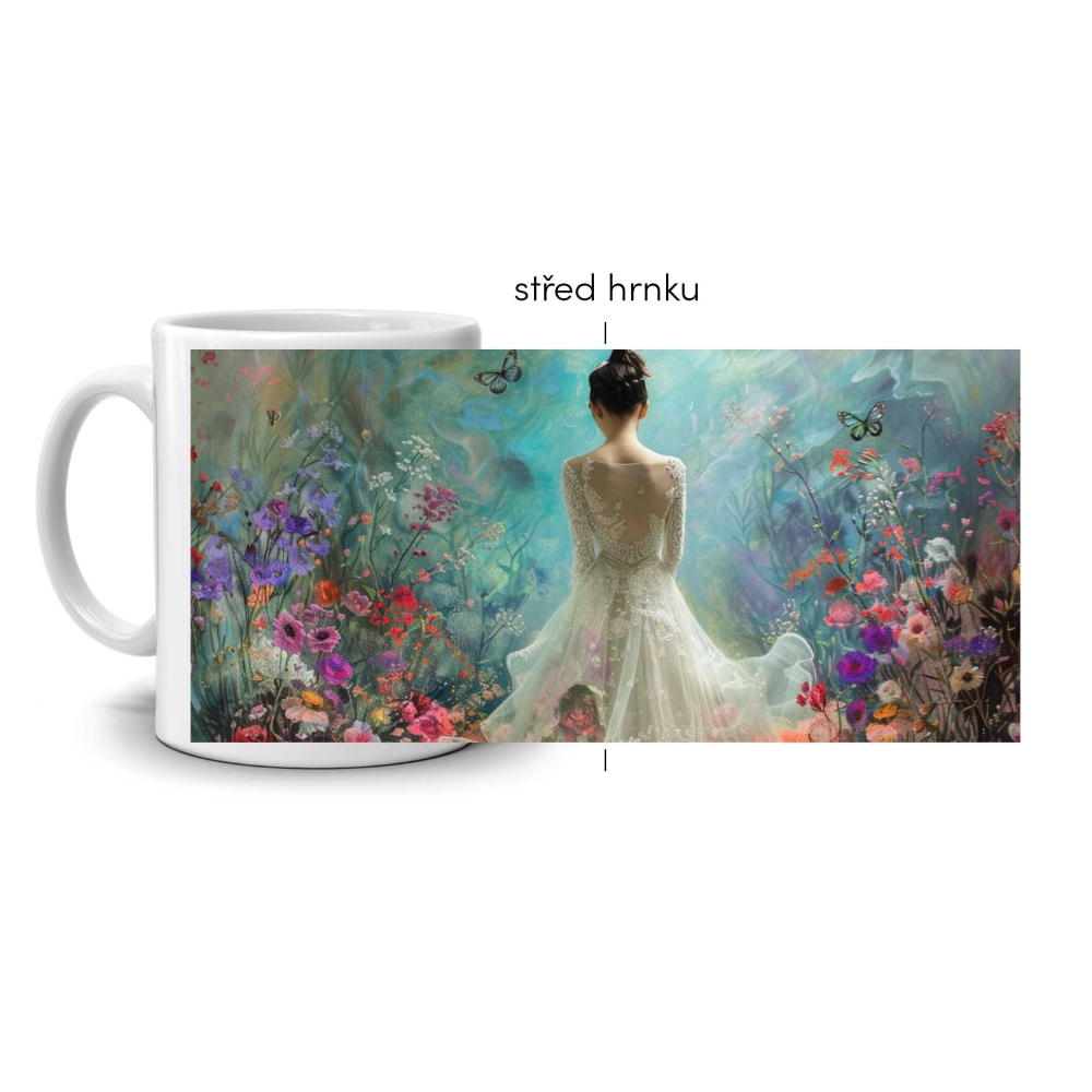 Bílý keramický hrnek 330ml s obrázkem - zahrada snů