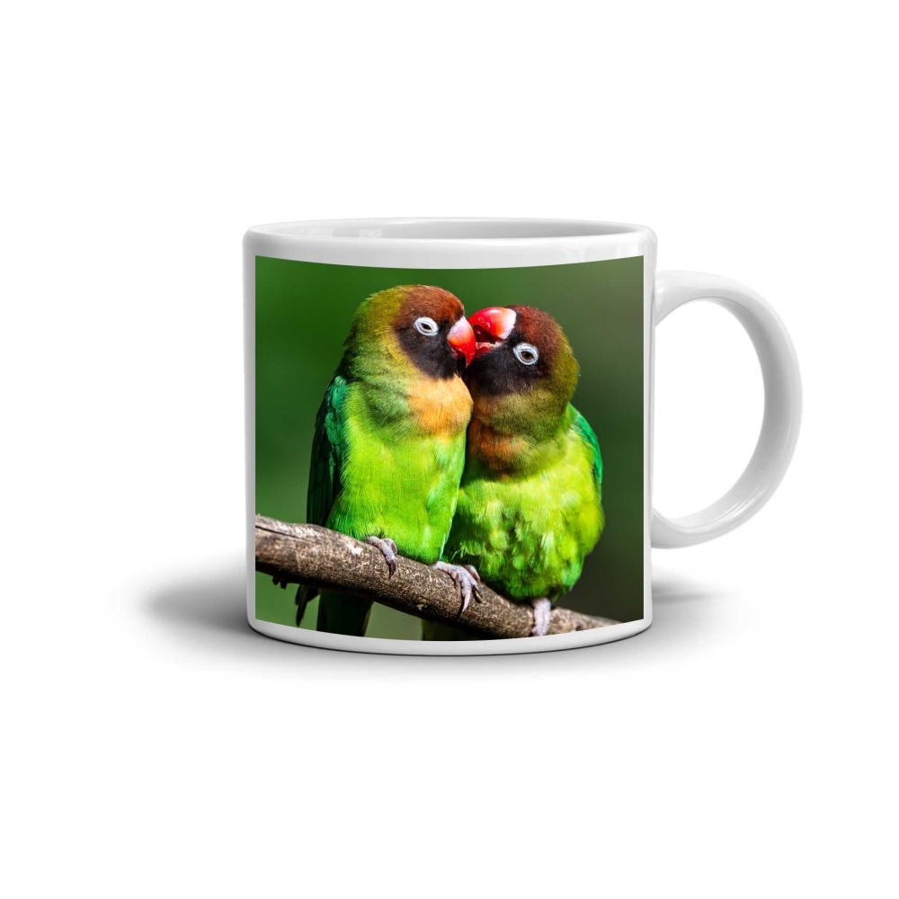 Bílý keramický hrnek 330ml s obrázkem - zamilovaní agapornisové