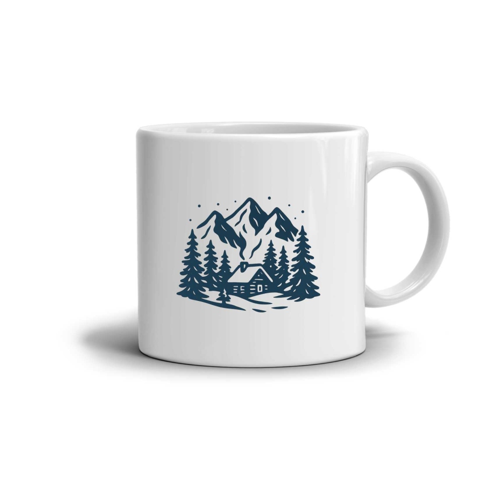 Bílý keramický hrnek 330ml s obrázkem - zasněžené údolí