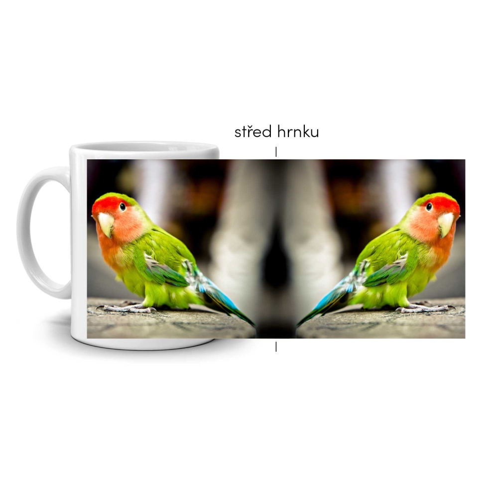 Bílý keramický hrnek 330ml s obrázkem - zelený papoušek agapornis