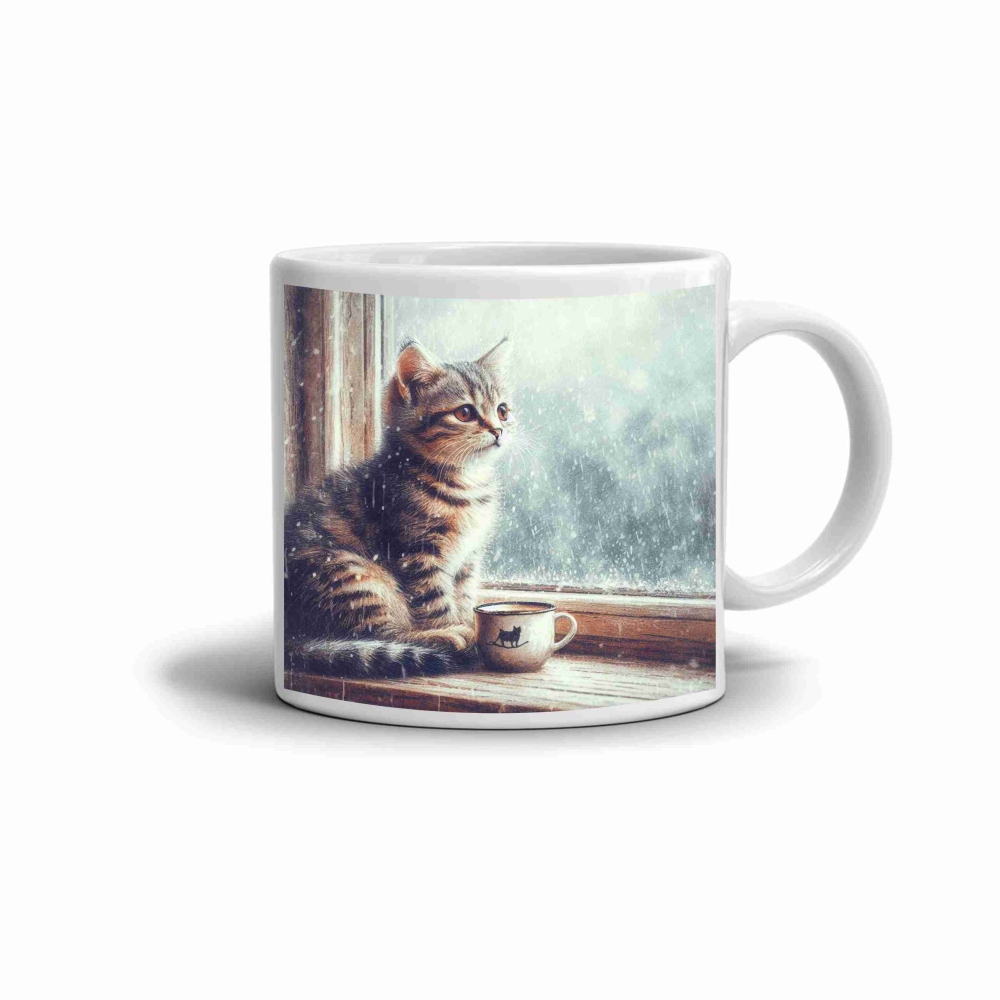 Bílý keramický hrnek 330ml s obrázkem - zimní chvíle koťátka