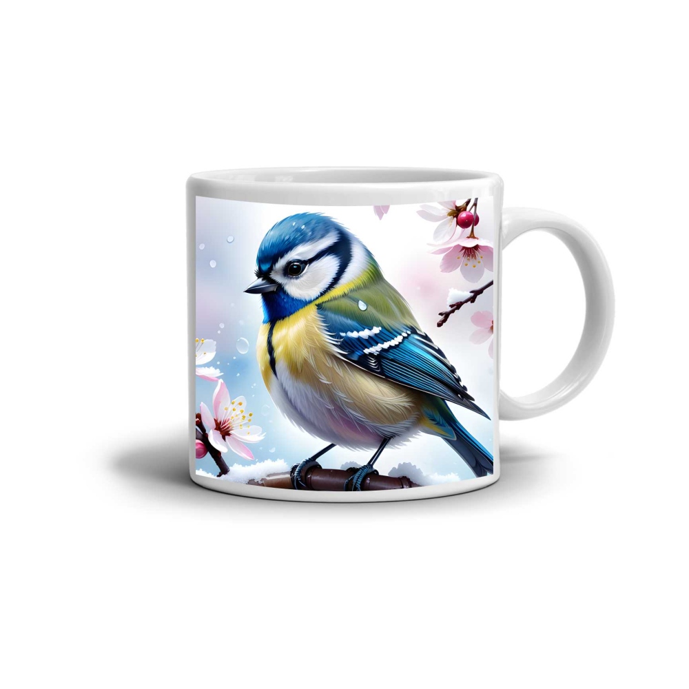 Bílý keramický hrnek 330ml s obrázkem - zimní ptáček