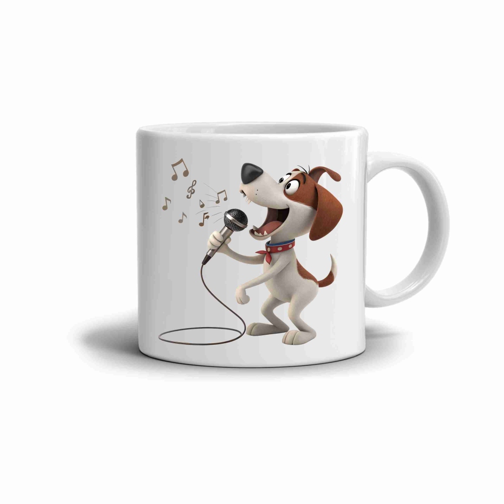 Bílý keramický hrnek 330ml s obrázkem - zpívající pejsek