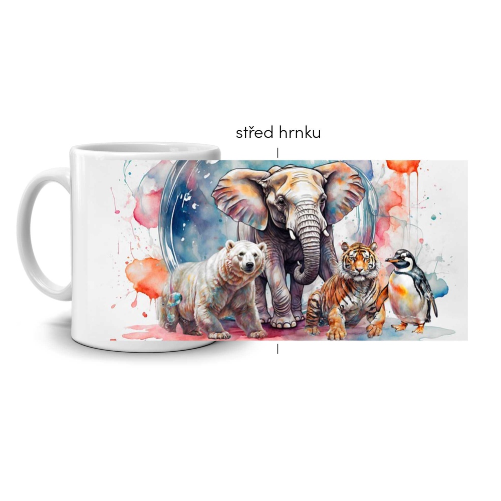 Bílý keramický hrnek 330ml s obrázkem - zvířata v akvarelu