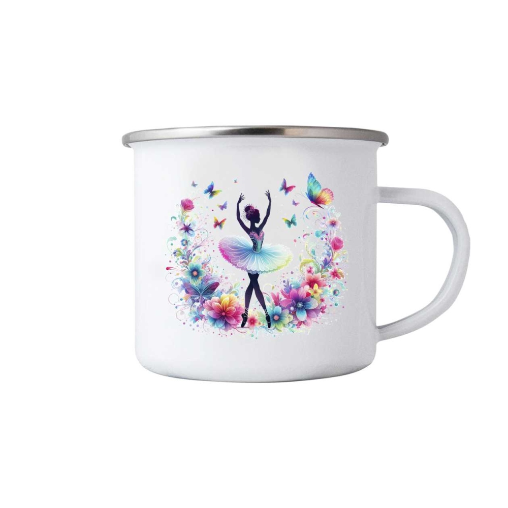 Bílý plechový hrnek 380ml s obrázkem - baletka v květech