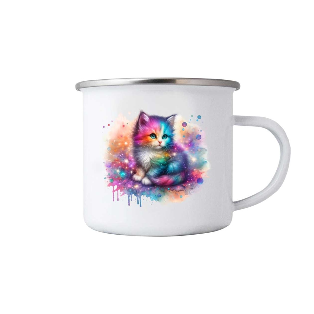 Bílý plechový hrnek 380ml s obrázkem - barevné koťátko