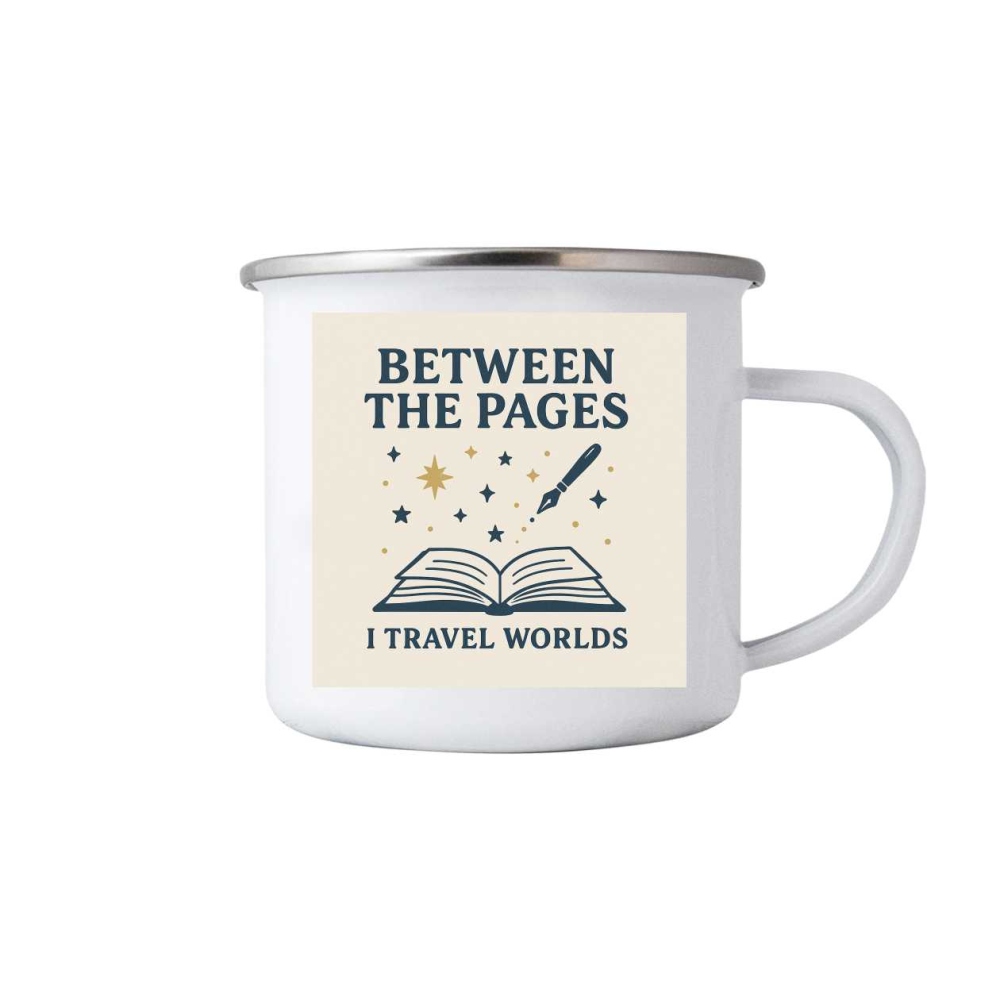 Bílý plechový hrnek 380ml s obrázkem - between the pages