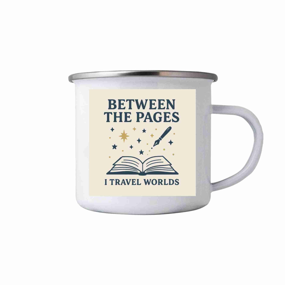 Bílý plechový hrnek 380ml s obrázkem - between the pages