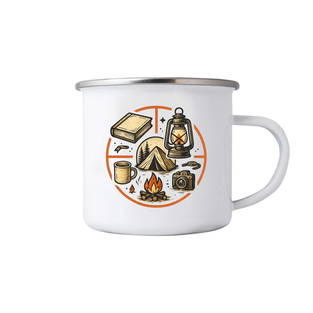 Bílý plechový hrnek 380ml s obrázkem - camping kruh