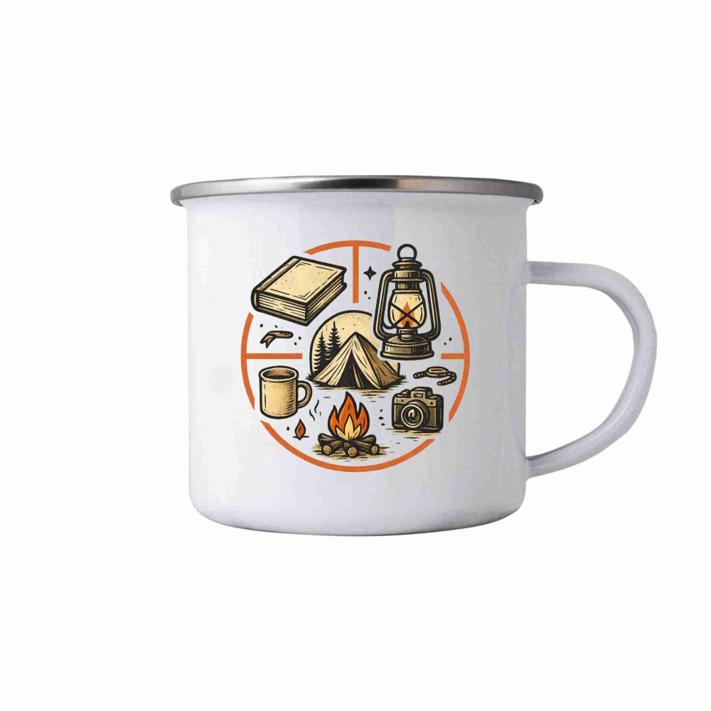 Bílý plechový hrnek 380ml s obrázkem - camping kruh