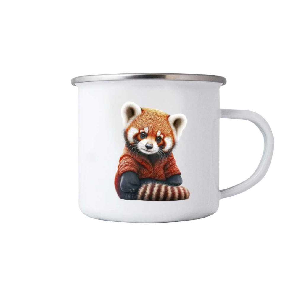 Bílý plechový hrnek 380ml s obrázkem - červená panda ve svetru