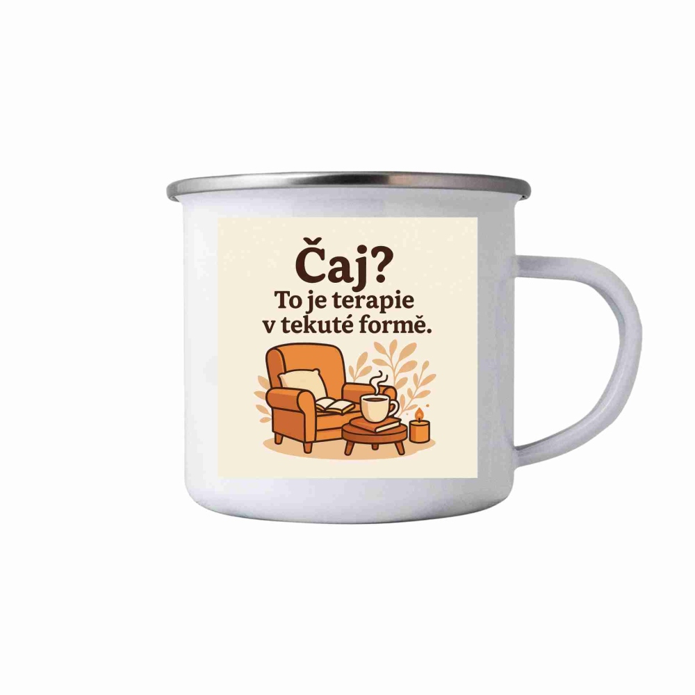 Bílý plechový hrnek 380ml s obrázkem - citát čaj je terapie