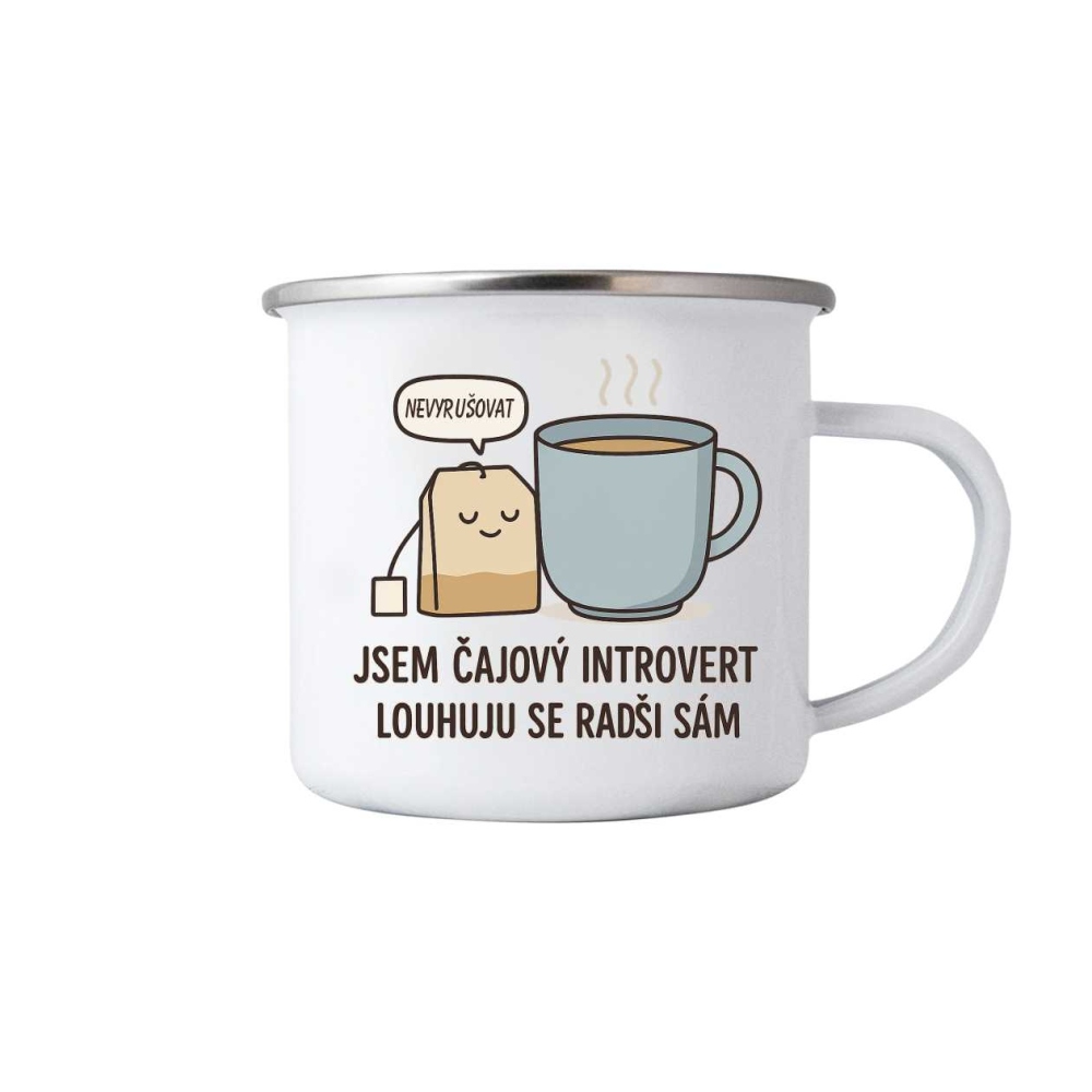 Bílý plechový hrnek 380ml s obrázkem - citát čajový introvert