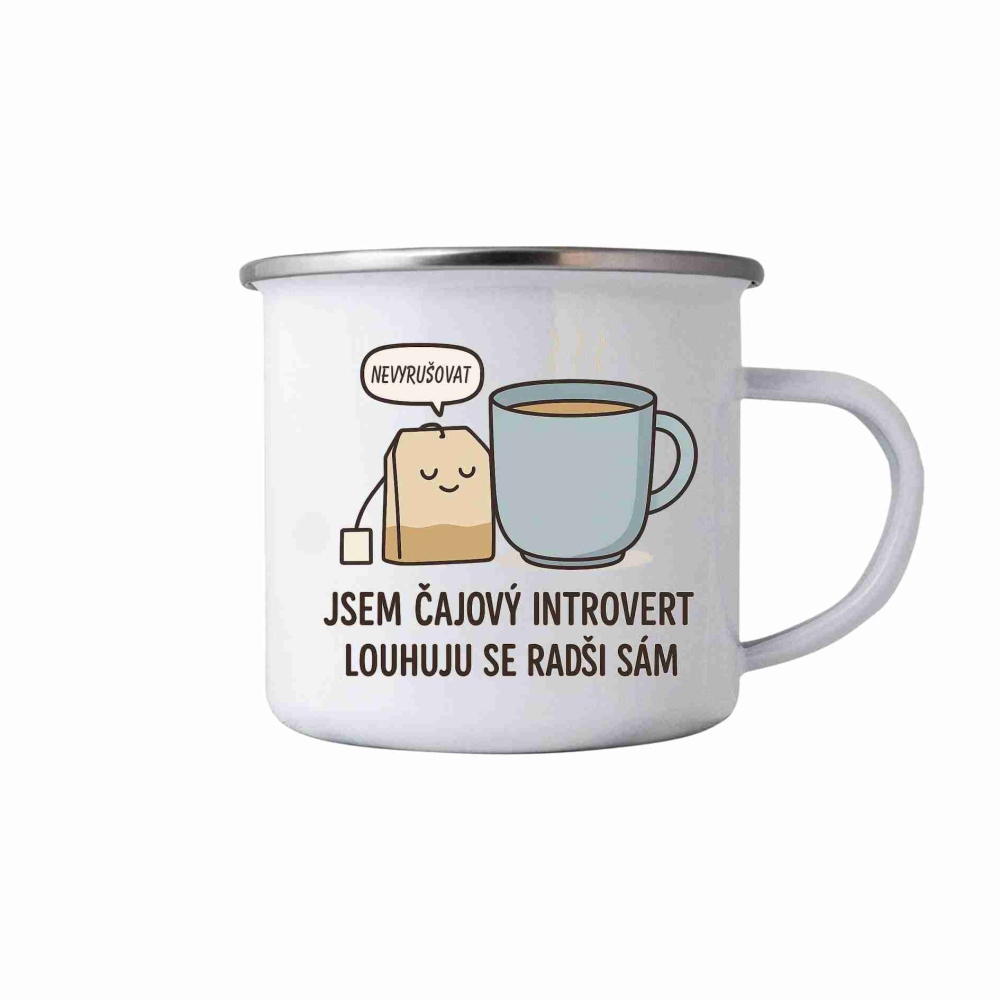 Bílý plechový hrnek 380ml s obrázkem - citát čajový introvert