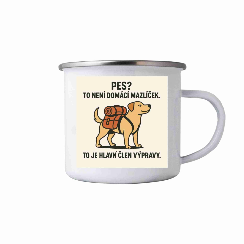 Bílý plechový hrnek 380ml s obrázkem - citát hlavní člen výpravy