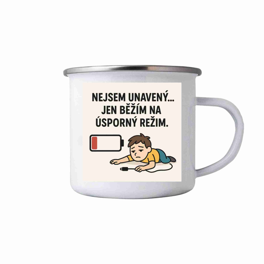 Bílý plechový hrnek 380ml s obrázkem - citát nejsem unavený