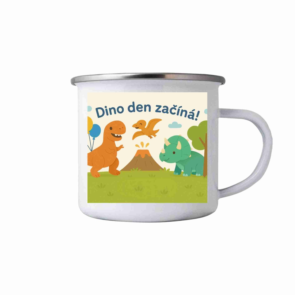 Bílý plechový hrnek 380ml s obrázkem - dino den