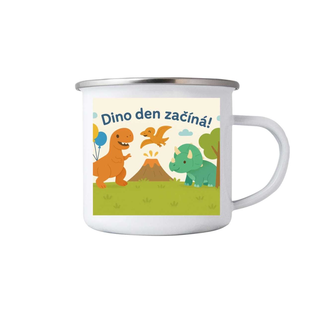 Bílý plechový hrnek 380ml s obrázkem - dino den
