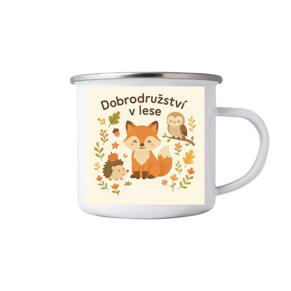 Bílý plechový hrnek 380ml s obrázkem - dobrodružství v lese