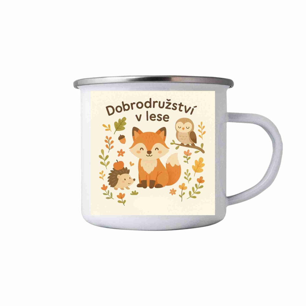 Bílý plechový hrnek 380ml s obrázkem - dobrodružství v lese