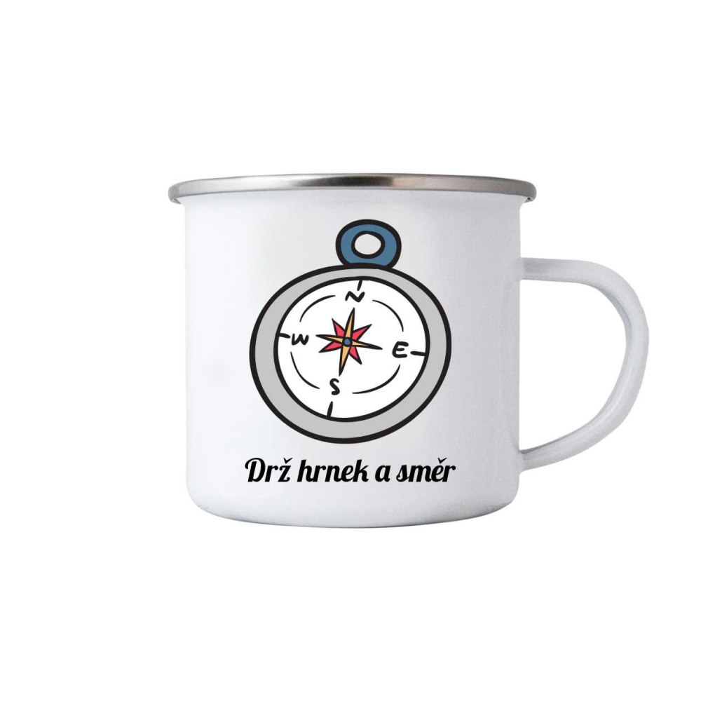 Bílý plechový hrnek 380ml s obrázkem - drž hrnek a směr