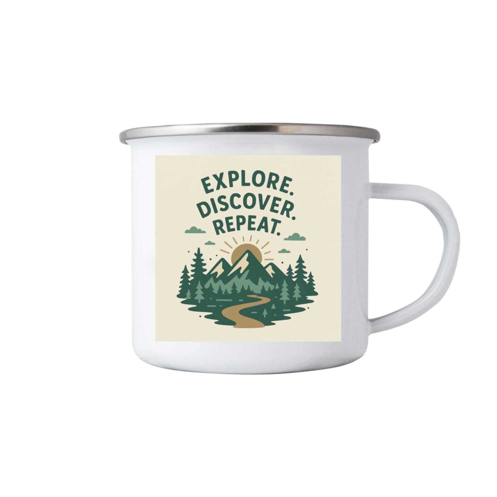 Bílý plechový hrnek 380ml s obrázkem - explore and repeat