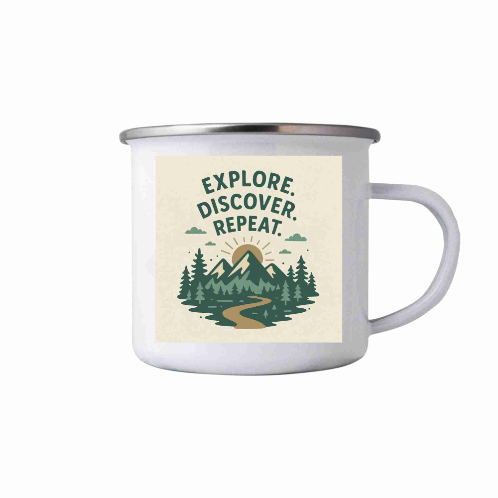 Bílý plechový hrnek 380ml s obrázkem - explore and repeat