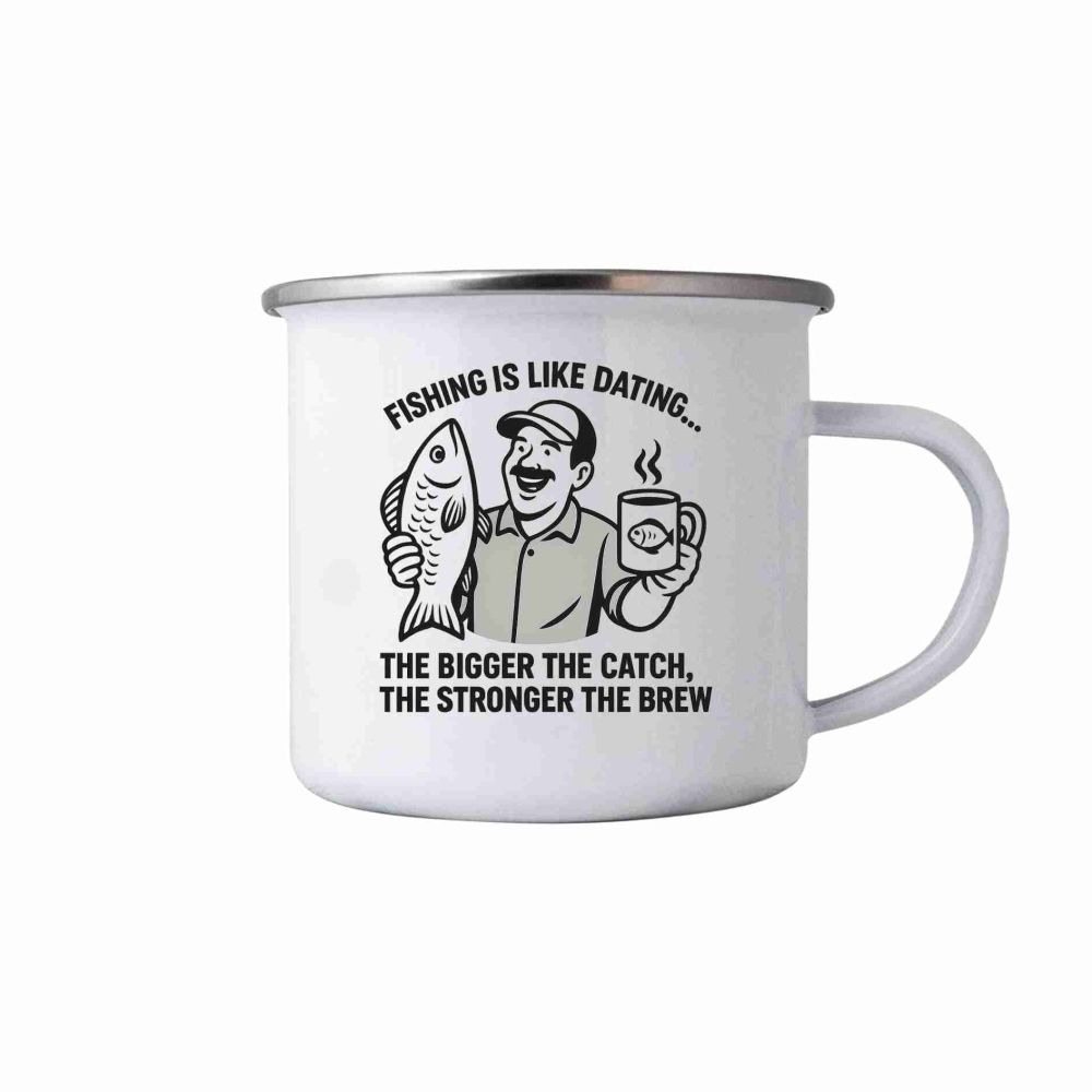Bílý plechový hrnek 380ml s obrázkem - fishing is like dating